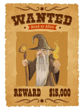 Illustration for Halloween wanted banner cartoon angry wizard. Vector evil mage, magician or wizard with magic hat, fire ball and staff. Wild west dead or alive wanted poster with reward, Halloween horror holiday - Royalty Free Image