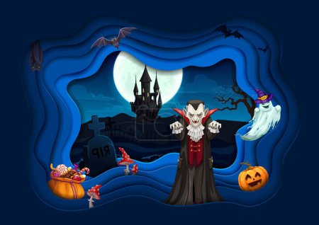 Illustration for Halloween cartoon vampire paper cut poster. Vector 3d design with scary characters dracula, ghosts and creepy bats, holiday scary monsters. Pumpkin, sweets, amanita and old castle at night cemetery - Royalty Free Image