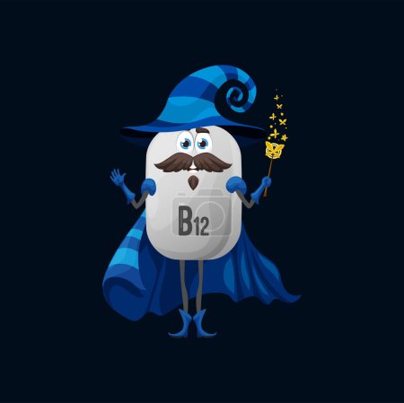 Illustration for Cartoon vitamin B12 magician character. Vector white cobalamin capsule in striped wizard costume stands holding sparkling magic wand. Isolated funny food supplement magus personage on black - Royalty Free Image