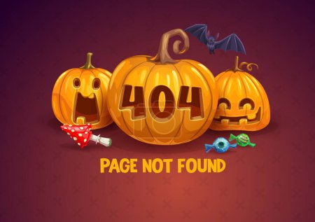 Ilustración de Página 404 halloween, diseño de vectores de dibujos animados de error del sitio web o conexión a Internet roto con calabazas cómicas riendo, dulces, champiñones amanita y murciélagos voladores. Página no encontrada o error de programa - Imagen libre de derechos