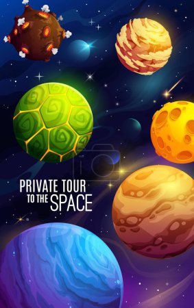 Illustration for Cartoon space planets poster with alien galaxy world, vector kids fantasy cosmos background. Fantasy galaxy planets with lava craters and ice, futuristic galactic spaceflight and extraterrestrial tour - Royalty Free Image