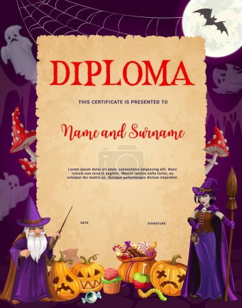 Ilustración de Diploma de Halloween para niños con personajes de brujas y hechiceros. Certificado vectorial de escuela o jardín de infantes educativo o de apreciación con fantasmas de dibujos animados, hechiceros y personajes de linterna de gato, marco de premio - Imagen libre de derechos