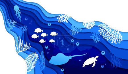 Téléchargez les illustrations : Découpe de papier sous-marin, paysage marin avec raie, algues et silhouettes de bancs de poissons en coupe de papier vectoriel. Fond sous-marin en couches de papier découpées des vagues océaniques ou marines, tortue et raie manta - en licence libre de droit