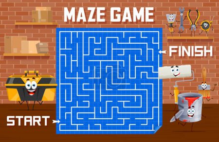 Illustration for Labyrinth maze, help to toolbox to find cartoon repair and DIY work tool characters, vector quiz game. Kids puzzle worksheet to find way for wrench, pliers and paintbrush with roller in labyrinth maze - Royalty Free Image