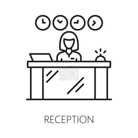 Illustration for Reception desk icon, customer hotel service, thin line symbol. Vector receptionist at counter, cashier concierge doing check in or check-out - Royalty Free Image