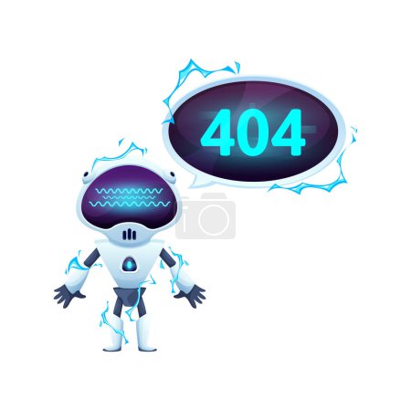 Ilustración de 404 Página con pantalla de dibujos animados y robot bajo alto voltaje. Mensaje de error vectorial, animando a los usuarios a seguir explorando. Página web no encontrada con chatbot roto, droide deshabilitado con descarga eléctrica - Imagen libre de derechos