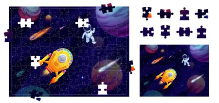 Ilustración de Espacio galaxia rompecabezas juego de piezas. Astronauta y nave en el espacio exterior. Figura conectar examen, hoja de cálculo de acertijo de coincidencia de forma con cohete nave espacial futuro, planetas cosmonautas y galaxias, cometas - Imagen libre de derechos