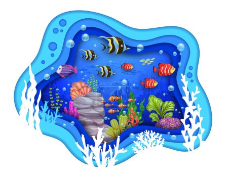 Illustration for Cartoon tropical corals, fish shoal and seaweeds in sea paper cut, vector underwater landscape. Undersea exotic coral reef in paper cut or cutout with ocean water waves and fish silhouette background - Royalty Free Image