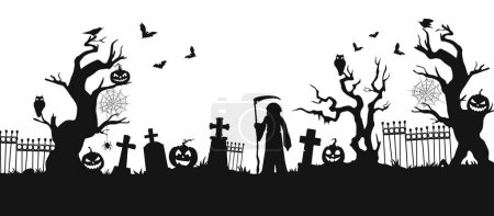 Illustration for Halloween cemetery silhouettes. Vector creepy graveyard, horror night holiday necropolis design with Grim reaper, cobwebs on trees, bats, tombs, crows and owl, fence and pumpkins on white background - Royalty Free Image
