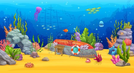 Téléchargez les illustrations : Caricature paysage sous-marin, fond marin avec coraux, récifs et méduses, fond vectoriel. Banc de poissons sous-marins, maison de bateau coulée habitation de créature marine avec algues, abri sous-marin - en licence libre de droit