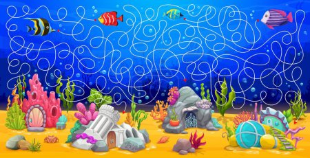 Ilustración de Laberinto laberinto juego, dibujos animados edificios de casas bajo el agua en el paisaje marino, vector niños hoja de trabajo. Encontrar el camino para los peces a los refugios del océano o de la casa de mar en corales o barco en laberinto laberinto rompecabezas - Imagen libre de derechos