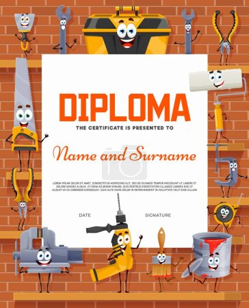 Illustration for Builder diploma or certificate, cartoon repair, DIY and work tool characters, vector appreciation award. Kids carpentry or woodworking workshop certificate diploma with funny drill, saw and paintbrush - Royalty Free Image
