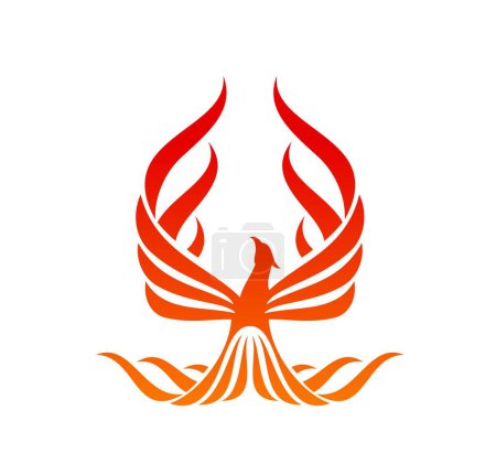 Ilustración de Icono de ave Fénix o pájaro de fuego elevándose en alas de llama de fuego, símbolo vectorial. Fénix o halcón heráldico, halcón y silueta de águila para estudio de diseño creativo, emblema de hotel y etiqueta de marca de moda - Imagen libre de derechos