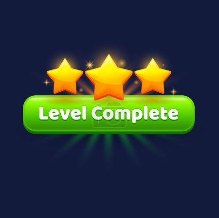 Illustration for Game level complete badge, GUI interface icon with win golden stars, vector UI reward. Video arcade game level complete popup badge or reward prize for next level achievement with golden stars - Royalty Free Image