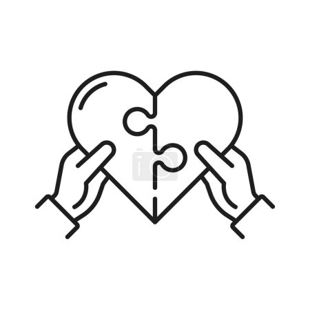 Illustration for Two hands connect pieces of heart, reuniting it into one. Vector concept of care and health, support and love. Jigsaw puzzle pieces in form of heart - Royalty Free Image