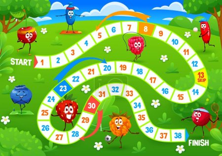 Illustration for Kids board game cartoon cheerful berry characters on summer meadow. Vector step boardgame with cherry, honeyberry, blueberry and strawberry. Cloudberry, cranberry, barberry and raspberry on snake path - Royalty Free Image