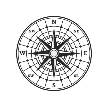 Ilustración de Brújula, viejo viento rosa estrella o vintage mapa de viaje símbolo vectorial con dirección noroeste y este sur. Icono de brújula retro con rosa de viento de cartografía antigua y flechas de navegación marina - Imagen libre de derechos
