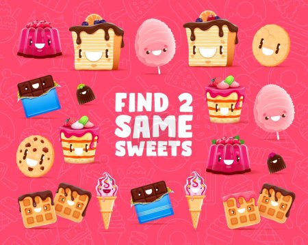 Illustration for Find two same cartoon sweets, ice cream and dessert characters. Kids game vector worksheet with jelly pudding, cake, cotton candy and cookie. Chocolate bar, wafers or cheesecake kawaii personages - Royalty Free Image