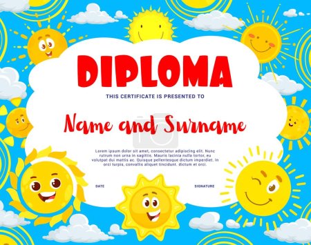 Illustration for Kids diploma. Cartoon sun characters. Kindergarten child achievement diploma, elementary school children competition winner vector award or kids graduation certificate with sun smiling personages - Royalty Free Image