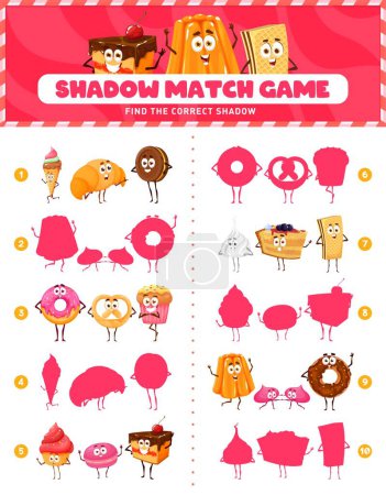 Illustration for Shadow match game, cartoon bakery, sweets and dessert characters, vector quiz worksheet. Picture match puzzle game to find same silhouette of croissant, chocolate donut, cheesecake cake and pudding - Royalty Free Image