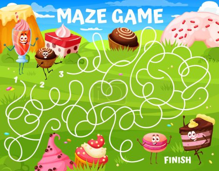 Illustration for Labyrinth maze, cartoon desserts, sweets and cake characters on meadow, vector quiz game. Donut, cake and cheesecake help find way out from labyrinth maze to sweet pasty cupcake and macaroon - Royalty Free Image