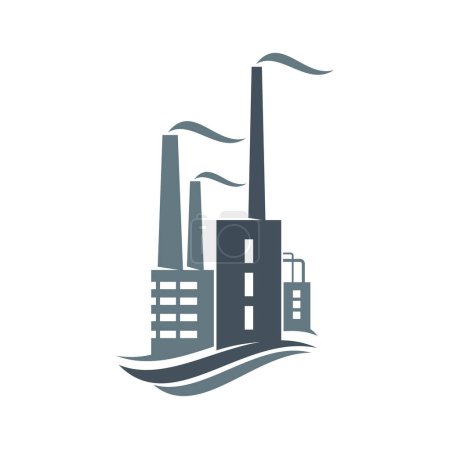 Illustration for Factory industrial plant, icon, industry building with chimney smoke, vector emblem. Oil gas production plant or refinery pipeline factory, chemical manufacture and metallurgy factory plant icon - Royalty Free Image