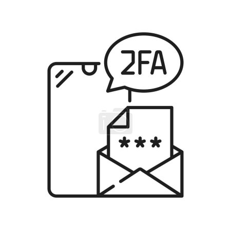 Illustration for 2FA two factor verification and 2 step authentication, vector icon of password in e-mail. 2FA authentication or MFA multifactor authorization of identity for login access via mobile phone or letter - Royalty Free Image