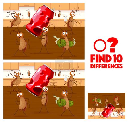 Illustration for Find ten differences. Cartoon cockroach characters on kitchen kids vector game worksheet. Educational children riddle, leisure activity with funny pests steal garbage and old tin can, riddle task - Royalty Free Image