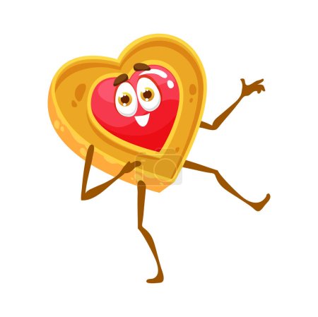 Ilustración de Cookie de dibujos animados personaje divertido, corazón de galleta con cara linda, emoticono emoji vector. Galleta corazón con mermelada de gelatina o galleta dulce bailando con cara alegre, manos y piernas, panadería y pastelería - Imagen libre de derechos