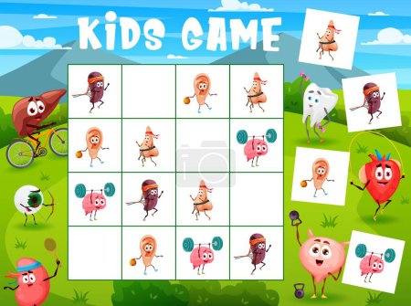 Illustration for Sudoku kids game cartoon human organs sportsman characters. Vector educational quiz with healthy nose, spleen, ear and brain in boxes. Boardgame puzzle task, children teaser for leisure recreation - Royalty Free Image