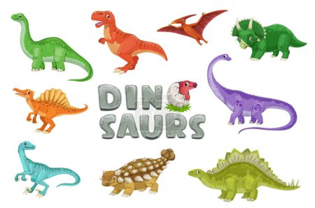 Zeichentrick-Dinosaurier. Urzeitreptil, Comic-Dino aus der Jurazeit. Tarbosaurus, Brontosaurus, Triceratops und Pterodactyl, Pteranodon, Spinosaurus, Diplodocus Dinosauriervektor lustige Persönlichkeiten