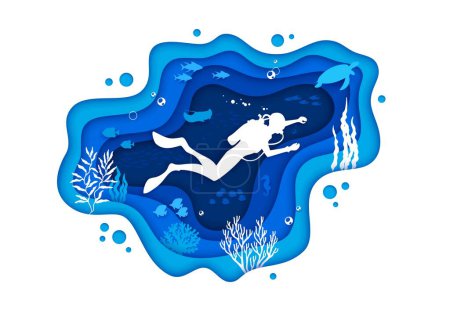 Illustration for Diver on the ocean bottom. Sea paper cut underwater landscape with schools of fish, swaying coral reefs, and various marine creatures, providing breathtaking and immersive experience for diving - Royalty Free Image