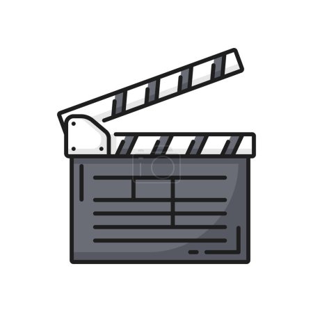 Illustration for Filmmaking clapperboard, video production icon. Cinematography art, filmmaking festival or video production outline vector sign. Movie studio thin line symbol or icon with movie clapboard - Royalty Free Image
