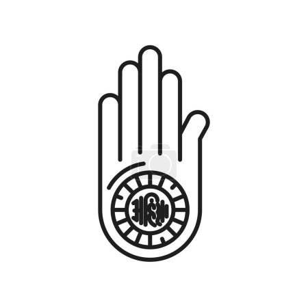 Illustration for Jainism religion symbol of Ahimsa hand or Dharmachakra of Jain Dharma, vector icon. Jainism religious symbol of Ahimsa and Samsara to Nirvana, Jain or Indian spiritual religion icon of hand palm - Royalty Free Image