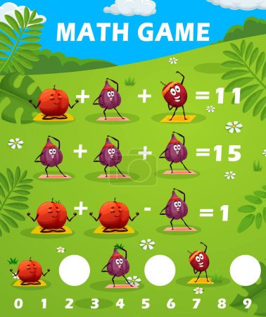 Illustration for Cartoon funny fruits on yoga, math game worksheet. Vector mathematics riddle for children with funny plums and figs exercising and doing yoga on green filed. Addition and subtraction, learn arithmetic - Royalty Free Image