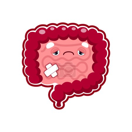 Illustration for Cartoon sick intestines organ character with medical patch, unhealthy sad vector intestines. Stomach gut and digestive system health or gastroenterology disease, intestine indigestion or diarrhea - Royalty Free Image