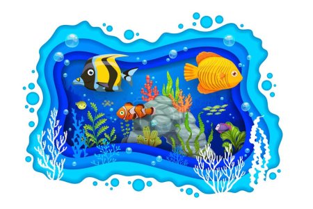 Illustration for Cartoon tropical fish and sea paper cut underwater landscape, seaweeds and corals in vector papercut. Tropical exotic fishes of coral reef in undersea paper cut, ocean or sea waves and water bubbles - Royalty Free Image