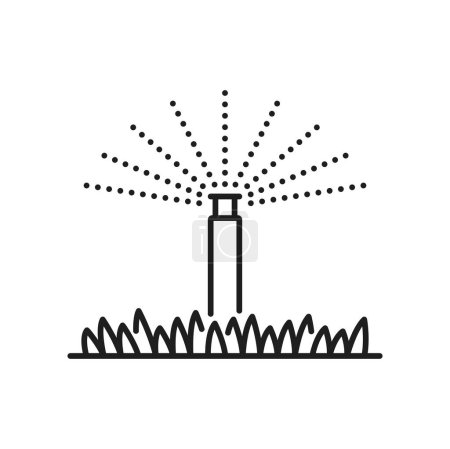 Illustration for Lawn grass or field irrigation system icon. Garden irrigation automatic system, agriculture sprinkling technology or aquaponics vector icon. Farmland drip watering equipment line pictogram or sign - Royalty Free Image