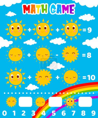 Math game worksheet. Cartoon sun characters, rainbow and clouds. Education riddle, mathematical addition and subtraction vector quiz with sun cheerful personage smiling face, sky clouds, rainbow