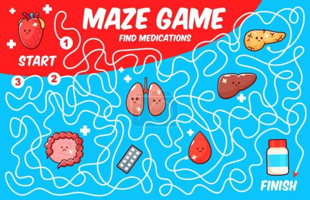 Illustration for Labyrinth maze game. Help to sick human body organ find a medication. Kids maze playing activity vector worksheet, labyrinth puzzle with ill heart, lungs, kidney and pancreas, intestine personages - Royalty Free Image
