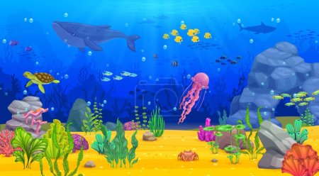 Téléchargez les illustrations : Caricature paysage sous-marin avec baleine, bancs de poissons, algues et tortues, fond vectoriel. Monde sous-marin et sous-marin de récifs coralliens avec méduses, requins, poissons tropicaux et coquillages - en licence libre de droit