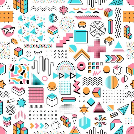 Illustration for Memphis geometric shapes seamless pattern, vector background with abstract elements, colors and forms. Memphis pattern of line figures, pop art doodle dots and random circle or zigzag pattern - Royalty Free Image