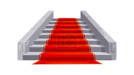Illustration for Castle and palace staircase. Marble stone stair with red carpet. Museum hallway staircase, royal palace stone stairway or theater vector ladder, fantasy ballroom isolated interior element with carpet - Royalty Free Image