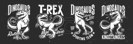 Téléchargez les illustrations : Tyrannosaurus rex, T-rex imprimé dinosaure t-shirt, tatouage ou club de sport dino mascotte, insigne vectoriel. Symboles de sport de basket-ball, baseball ou soccer de T-rex tyrannosaurus pour club collégial et équipe de ligue - en licence libre de droit