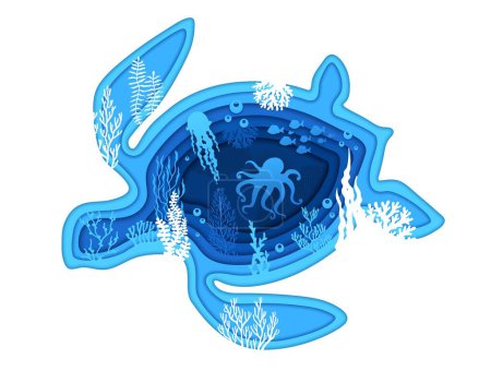 Ilustración de Silueta de tortuga marina, paisaje de corte de papel submarino y algas marinas, vector de corte de papel. Pulpo, cardumen de peces y medusas en arrecife de coral submarino, paisaje submarino en capas 3D cortadas en papel - Imagen libre de derechos