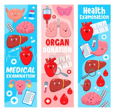 Illustration for Cartoon body organ characters. Organ donation, treatment, medication. Health examination and medicine vector banners with bladder, brain, liver and heart, uterus, lungs, medicine pills cute personages - Royalty Free Image