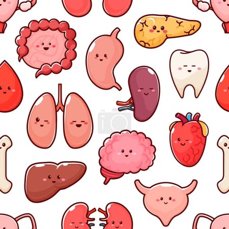 Cartoon Körperorgan Zeichen nahtlose Muster, Vektorhintergrund. Lustiges Anatomie-Muster mit glücklichen menschlichen Organen und Knochen, Herz und Gehirn mit Niere oder Leber, Gallenblase und Bauchspeicheldrüse Hintergrund