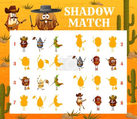 Illustration for Shadow matching game. Wild west cartoon nut cowboy, bandit and ranger characters on shadow compare quiz vector worksheet with almond, coffee bean, pumpkin and sunflower seed, peanut and macadamia - Royalty Free Image