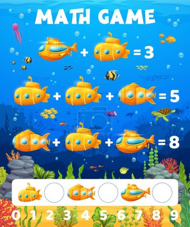 Illustration for Math game worksheet, cartoon yellow submarine bathyscaphe, vector mathematics quiz for kids. Sea underwater boat or undersea submarine for calculation and counting skills in education worksheet - Royalty Free Image