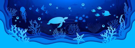 Téléchargez les illustrations : Découpe de papier sous-marin, paysage marin avec tortues et méduses, algues et bancs de poissons, coupe de papier vectoriel silhouette. Monde sous-marin ou océan récif corallien paysage en papier couches de découpe fond - en licence libre de droit